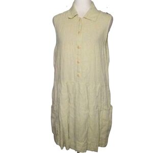 Flax Yellow Blue Button Front Linen Midi Sleeveless Shirt Dress Size Medium